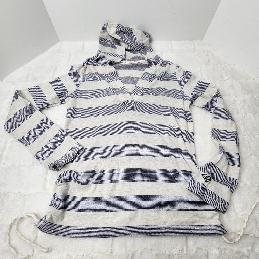 ROXY Women Hoodie Medium Gray White Striped Ruched Sides V Neck Pullover Pocket